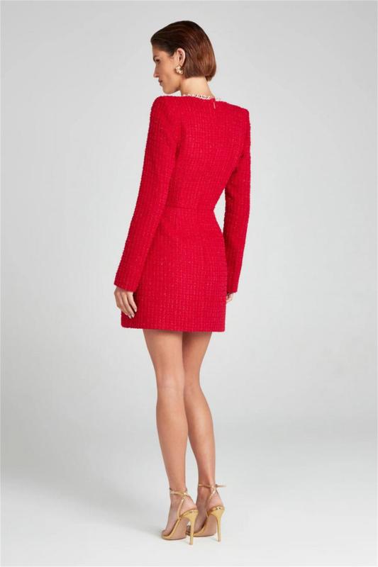 Red Long Sleeve Boat Neck Diamonds Slim Fit Little Fragrance Style Dress