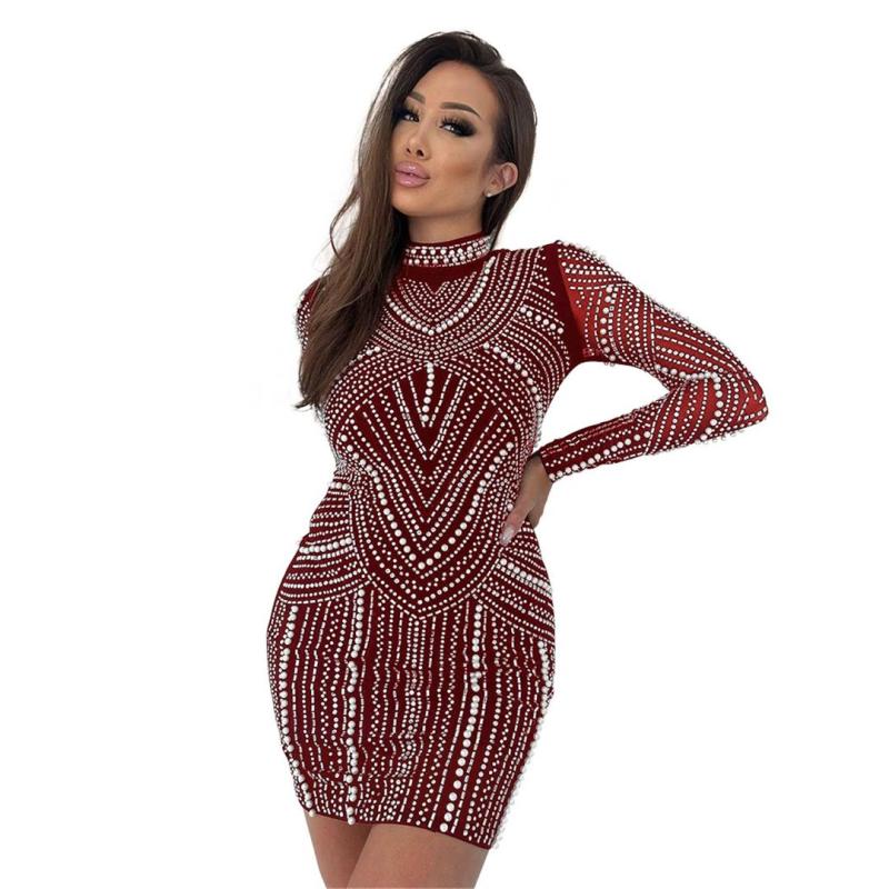 Wine Red Long Sleeve Rhinestones Pearls Bodycon Mini Dress