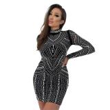 Black Long Sleeve Rhinestones Pearls Bodycon Mini Dress