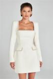 White Long Sleeve Boat Neck Diamonds Slim Fit Little Fragrance Style Dress
