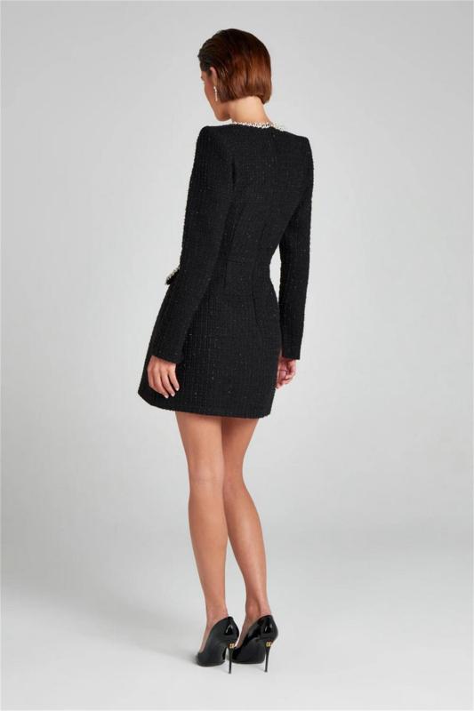 Black Long Sleeve Boat Neck Diamonds Slim Fit Little Fragrance Style Dress