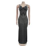 Black Straps Elegant Mesh See Through Diamonds Bodycon Prom Maxi Dress