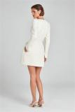 White Long Sleeve Boat Neck Diamonds Slim Fit Little Fragrance Style Dress