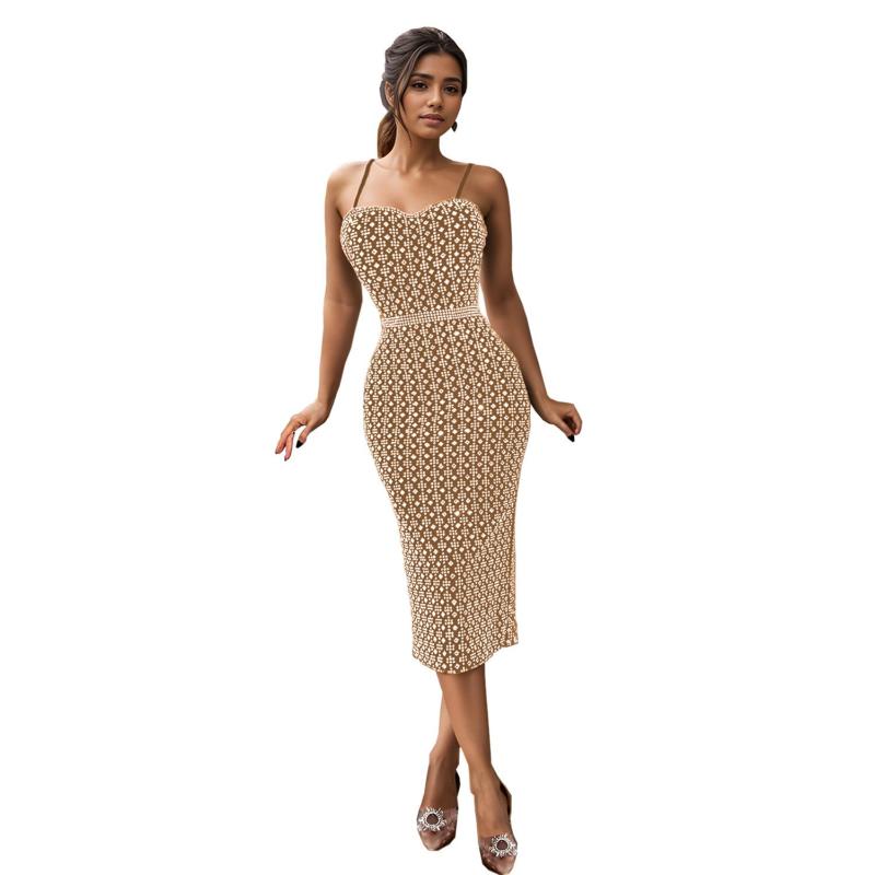 Beige Straps Low Cut Diamonds Off Shoulder Elegant Women Midi Club Dress
