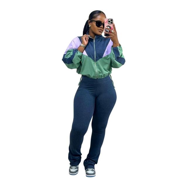 Blue Long Sleeve Zipper Tops Two Pieces Patchwork Casual Slim-Fit Pencil Pants