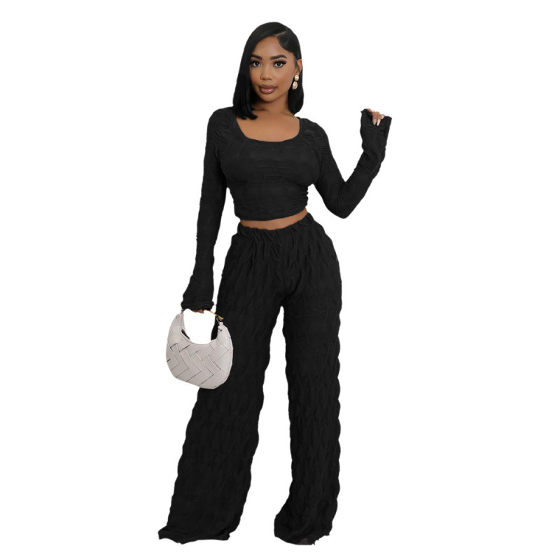 Black Two Pieces Long Sleeve Knitting Fashion Women Wide Leg Pant Sets