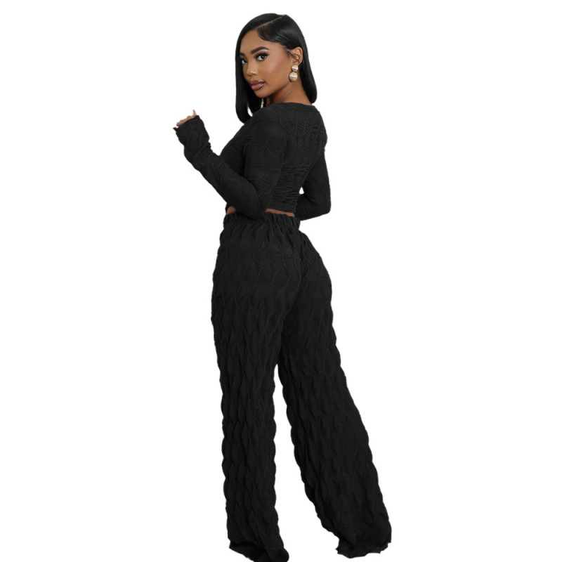 Black Two Pieces Long Sleeve Knitting Fashion Women Wide Leg Pant Sets