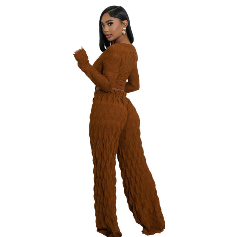 Black Two Pieces Long Sleeve Knitting Fashion Women Wide Leg Pant Sets