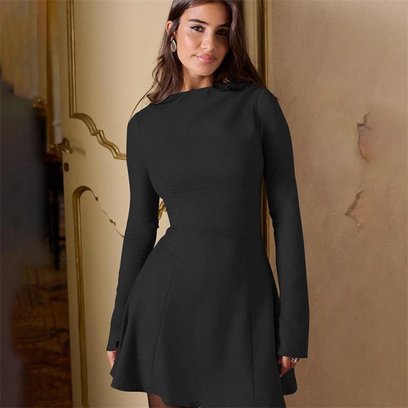 Black Long Sleeve Fashion Casual Pleated Mini Dress