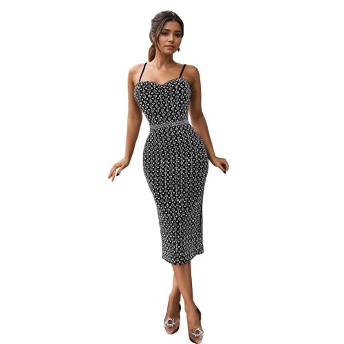 Black Straps Low Cut Diamonds Off Shoulder Elegant Women Midi Club Dress