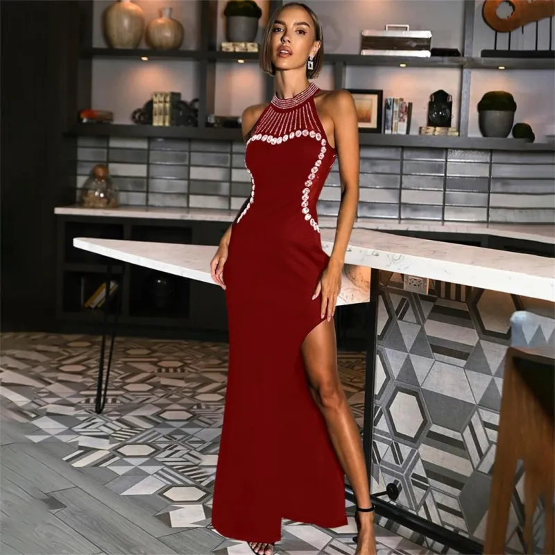 Claret Sleeveless Halter Diamonds Mesh Elegant Evening Prom Formal Maxi Dress