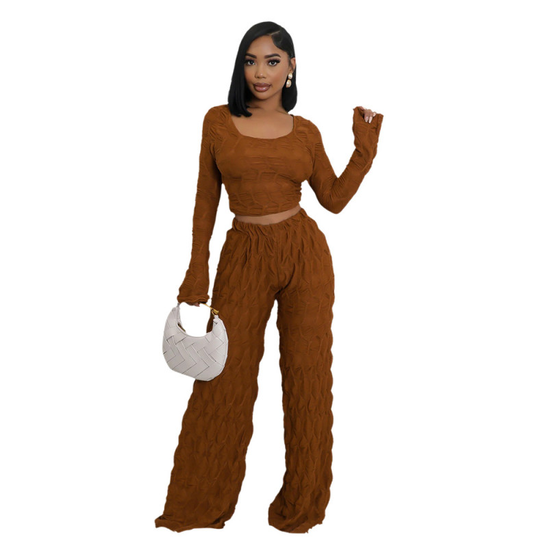 Black Two Pieces Long Sleeve Knitting Fashion Women Wide Leg Pant Sets