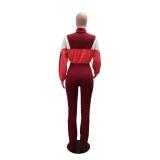 Red Long Sleeve Zipper Tops Two Pieces Patchwork Casual Slim-Fit Pencil Pants