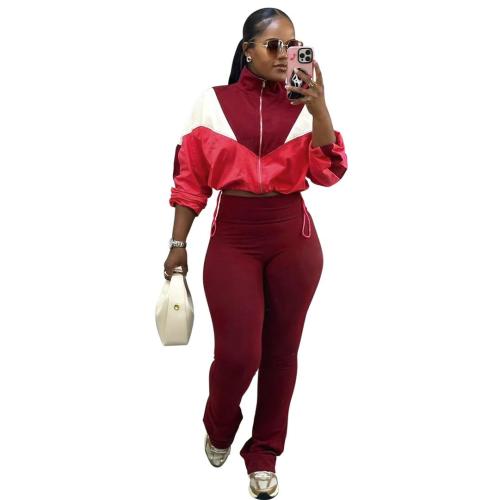 Red Long Sleeve Zipper Tops Two Pieces Patchwork Casual Slim-Fit Pencil Pants