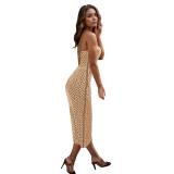 Beige Straps Low Cut Diamonds Off Shoulder Elegant Women Midi Club Dress