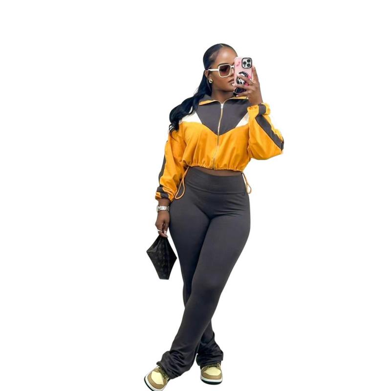 Yellow Long Sleeve Zipper Tops Two Pieces Patchwork Casual Slim-Fit Pencil Pants