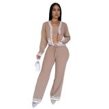 Khaki Long Sleeve 3PCS Knitted Bra and Tops with Pants Fashion Casual Dress Sets