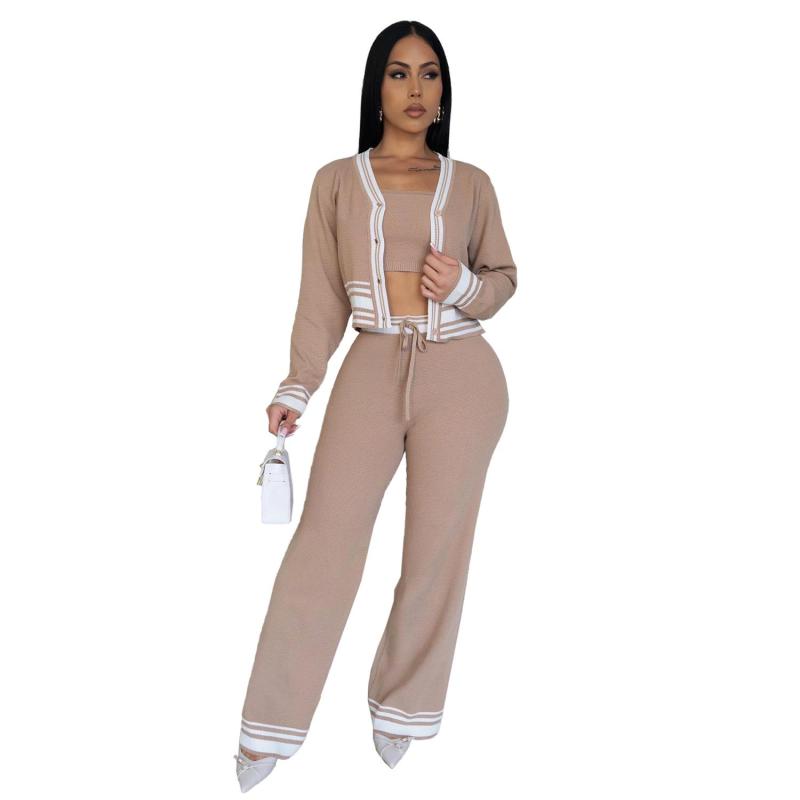 Khaki Long Sleeve 3PCS Knitted Bra and Tops with Pants Fashion Casual Dress Sets