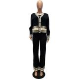 Black Long Sleeve 3PCS Knitted Bra and Tops with Pants Fashion Casual Dress Sets