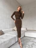Coffee Long Sleeve Fashion Women Midi Bodycon Long Dress