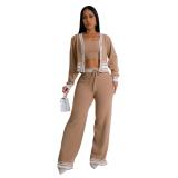 Khaki Long Sleeve 3PCS Knitted Bra and Tops with Pants Fashion Casual Dress Sets