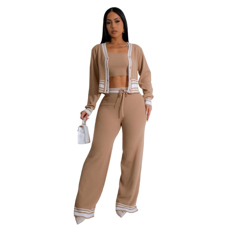 Khaki Long Sleeve 3PCS Knitted Bra and Tops with Pants Fashion Casual Dress Sets