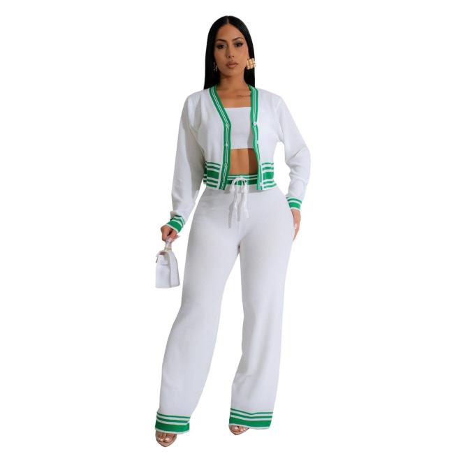 White  Long Sleeve 3PCS Knitted Bra and Tops with Pants Fashion Casual Dress Sets