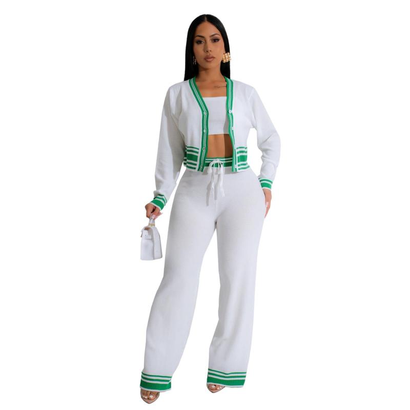 White  Long Sleeve 3PCS Knitted Bra and Tops with Pants Fashion Casual Dress Sets