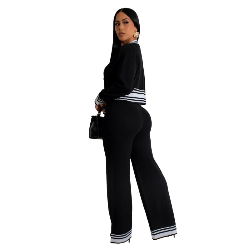 Black Long Sleeve 3PCS Knitted Bra and Tops with Pants Fashion Casual Dress Sets