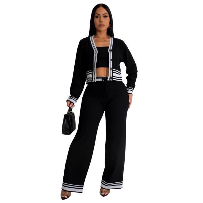 Black Long Sleeve 3PCS Knitted Bra and Tops with Pants Fashion Casual Dress Sets