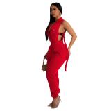 Red Sleeveless Hollow Out Zipper Snatched Women Cargo Jumpsuit Dress