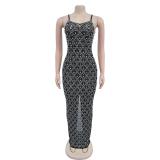 Black Straps Sleeveless Mesh Diamonds Elegant Prom Formal Evening Dress