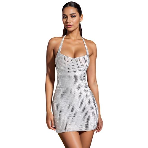 White Sleeveless Straps V Neck Rhinestones Backless Bodycon Women Party Club Dress