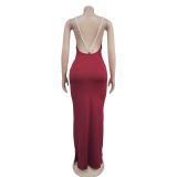 Wine Red Sleeveless Halter Pearls Chains Pleated Women Maxi Dress
