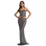 Black Straps Sleeveless Mesh Diamonds Elegant Prom Formal Evening Dress