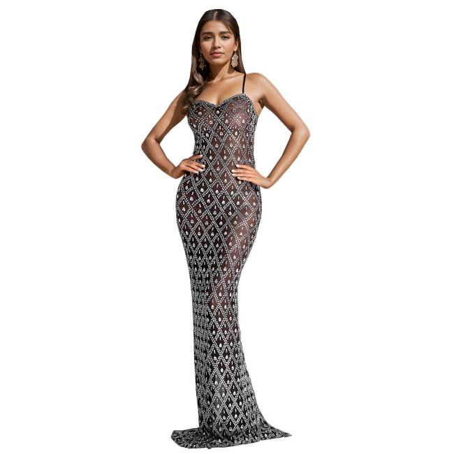 Black Straps Sleeveless Mesh Diamonds Elegant Prom Formal Evening Dress