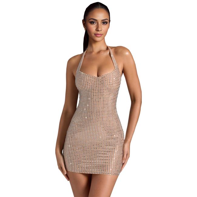Beige Sleeveless Straps V Neck Rhinestones Backless Bodycon Women Party Club Dress