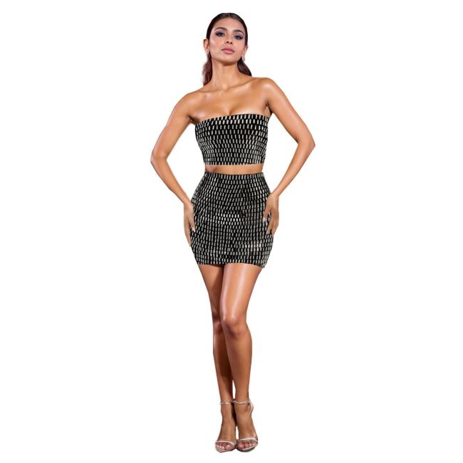 Black Off Shoulder Two Pieces Diamonds Fashion Hot Sexy Skirt Sets