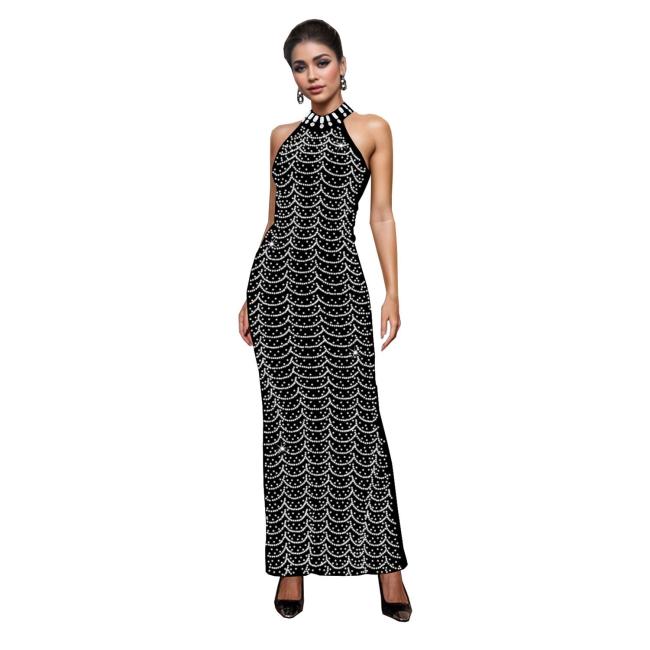 Black Halter Sleeveless Rhinestones Luxury Women Evening Formal Long Dress