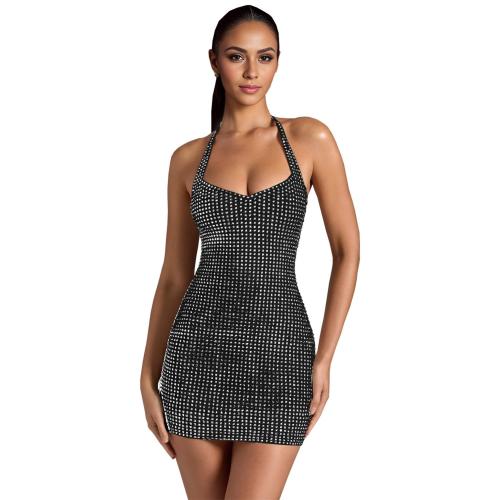 Black Sleeveless Straps V Neck Rhinestones Backless Bodycon Women Party Club Dress