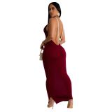 Wine Red Sleeveless Halter Pearls Chains Pleated Women Maxi Dress