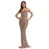 Coffee Straps Sleeveless Mesh Diamonds Elegant Prom Formal Evening Dress
