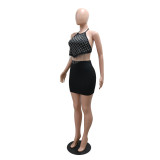 Black Two Pieces Rhinestones Tassels Bodycon Skirt Dress