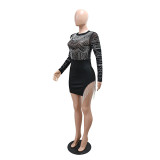 Black Mesh See Through Rhinestones Tassels Evening Party Clubwear