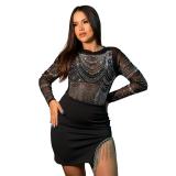 Black Mesh See Through Rhinestones Tassels Evening Party Clubwear
