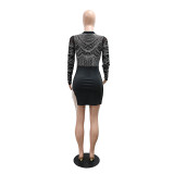 Black Mesh See Through Rhinestones Tassels Evening Party Clubwear
