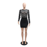 Black Mesh See Through Rhinestones Tassels Evening Party Clubwear