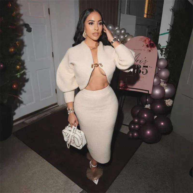 Beige Two Pieces Cardigan Oversized Sweater with High-Waisted Skirt Two-Piece Set
