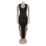 Black Sleeveless V Neck Rhinestones Irregular Slit Midi Dress