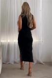 Black Sleeveless V Neck Rhinestones Irregular Slit Midi Dress